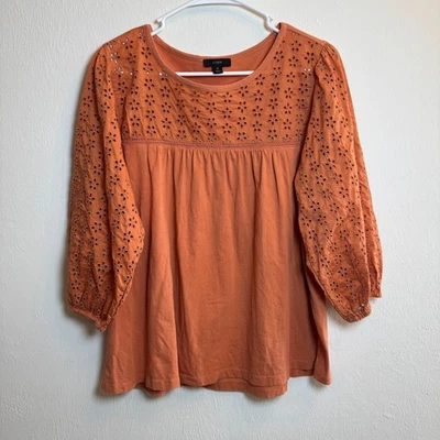 J. Crew Eyelet Sleeve Yoke Top Blouse Size M Orange Cotton Casual Feminine - Image 1 of 4