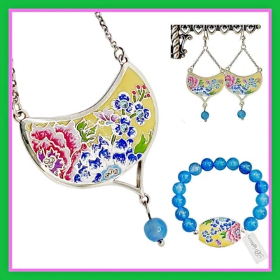 Brighton BLOSSOM HILL Floral Necklace Earrings & Bracelet SET Blue/Yel  $284 NWT - Image 1 of 4