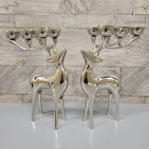 Pair of 12” Silver Tone Pottery Barn Reindeer Holiday Votive Candle Holders - Picture 1 of 16