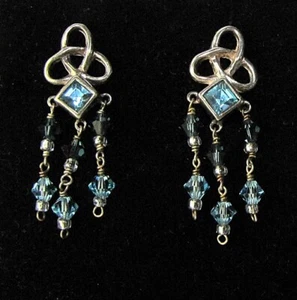 Tassel Earrings Vintage Sterling Silver Blue Rhinestone Beaded Drop Pierced - Picture 1 of 3