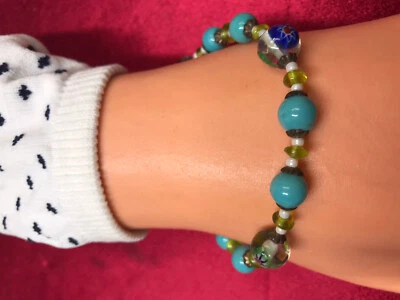 Vintage Style Handmade Turquoise & Blue Glass Beads Bracelet 6” Lobster Closure - Image 1 of 4