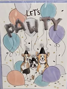 PAPYRUS LET’S PAWTY DOG PUPPIES POM PARTY HATS BIRTHDAY GREETING CARD - Picture 1 of 5