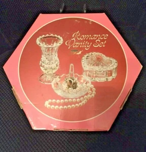 Vintage 1980's Crystal Romance Vanity Set 3 Pieces -Ring Holder, Heart Box, Vase - Picture 1 of 10