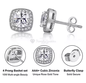 18K Gold Plated Cubic Zirconia Princess Cut Round Square Silver Stud Earrings - Picture 1 of 78