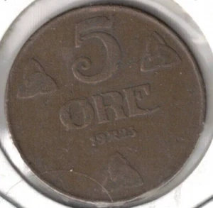 1923 Norway 5 Ore Haakon VII Crowned Monogram Bronze Coin! - Picture 1 of 2