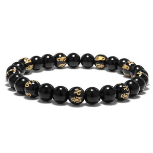 Bracciale in pietra ossidiana sei parole mantra amuleto meditazione uomo donna - Imagen 1 de 4