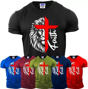 T-shirt uomo Jesus Cross Lion corta Sleev USA fede Bibbia amante degli animali domestici nuova maglia regalo - Foto 1 di 11