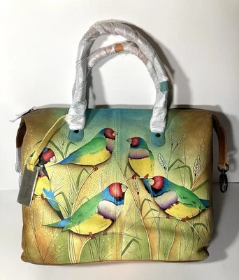 Bolso de Mano Anuschka Cuero Pintado a Mano Pájaros-Nuevo Foto 1 de 4