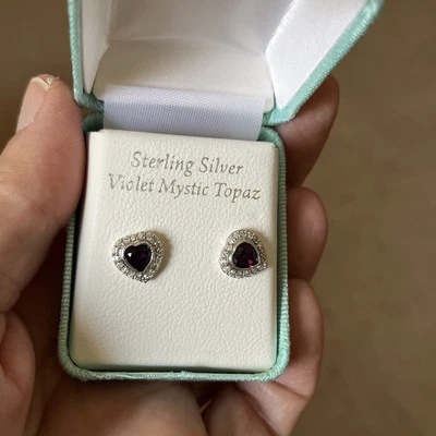 NWT RARE Violet Mystic Topaz Sterling Silver Heart Stud Post Earrings Jewelry  - Image 1 of 4