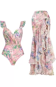 One Piece Pink Floral Swimsuit + Sarong Wrap Skirt Beach Cover Up Women's M New - Picture 1 of 8