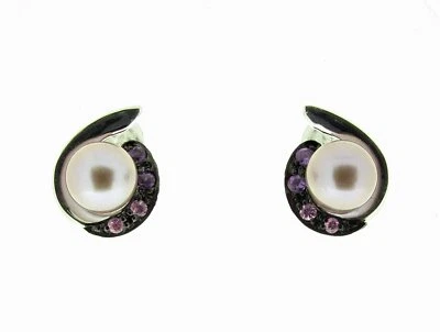 Elements 9 ct white gold earrings with amethyst, pink sapphire and mauve pearls - Image 1 of 2