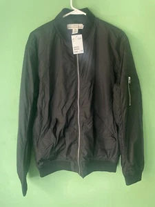 H&M LOGG Mens L Woven Bomber Black Windbreaker Light Jacket Knit Cuffs NEW - Picture 1 of 6