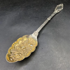 VICTORIAN SILVER BERRY SPOON 9" 95g Reg Date 1878 Repoussé Gilt Bowl - Picture 1 of 12