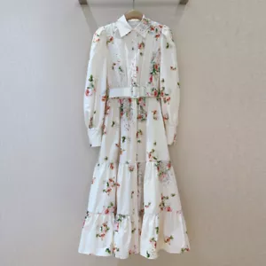 Spring 2025 Women's Floral Lapel Collar Cotton Long Sleeved Elegant Long Dress - Picture 1 of 20