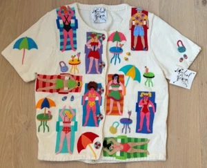 Vintage Michael Simon Multicolor Beach Cardigan Knit Sweater Crochet Button - Picture 1 of 12