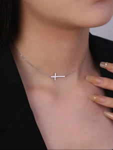 Necklace Silver Cross Stainless Steel Sideway Women Jewelry - Picture 1 of 3