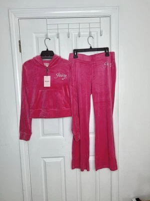 Juicy Couture Bling Velour Tracksuit Pink Party Rhinestone Logo Hoodie & Pants M - Image 1 of 4