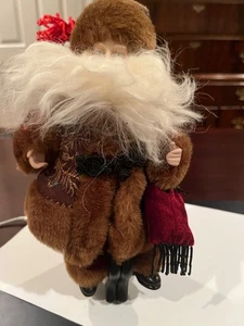 9" Santa Ornament Dressed in Maroon and Gold trimmed with furry brown - Picture 1 of 2
