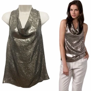Rachel Roy Signature Größe 8 Pailletten Wasserfallausschnitt Top 100 % Seide Gold Bronze Metallic - Bild 1 von 13