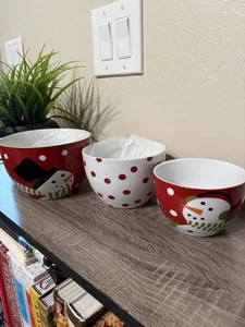 Set (3) Crate & Barrel Joan Anderson Snowman Bowls 5 7/8", 5" & 4 3/8" 2017 Mint - Picture 1 of 5