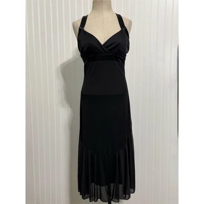 Y2K Charlotte Russe L Black Maxi Dress Criss Cross Back Halter Goth Prom USA VTG - Image 1 of 4