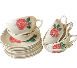 Vintage Red Wing Pottery Lexington Rose Pattern Set of 6 Cups & Saucers - Picture 1 of 8