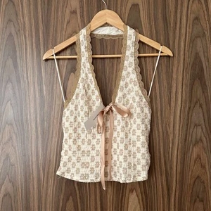 Ecote Urban Outfitters Neutral Bow Tie Plunge Halter Neck Crop Top Medium NEW - Picture 1 of 4