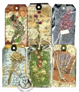 Hang Tags  PRIMITIVE DISTRESSED DRIED FLORAL MIXED TAGS #T 170  Gift Tags - Picture 1 of 4