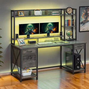 59" Office Gaming Computer Desk File Drawers Shelves LED Light w/ Power Outlets - Picture 1 of 13