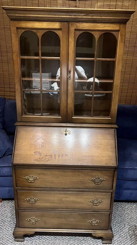Vintage Antique Jasper Solid Wood Secretary Desk/Cabinet/Bookshelf W/Locks & Key Cover