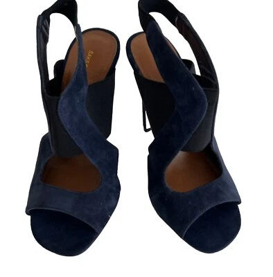 Saks Fifth Avenue heels Blue Suede Slip On 4” Womens 5.5 M Pumps Peek Toe U8 - Image 1 of 4