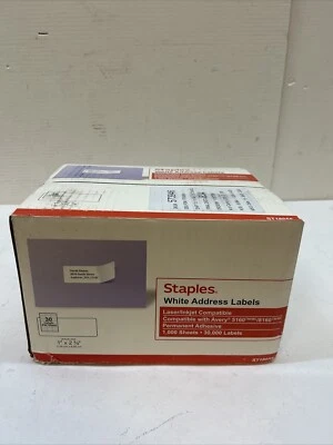 Staples Laser/Inkjet Address Labels 1" x 2 5/8"W White 30,000 Sheets 1,000 Label - Image 1 of 3