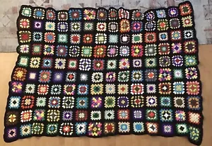 Afghan Crochet Throw Blanket Granny Square Black 52x68 Roseanne Vintage Handmade - Picture 1 of 8
