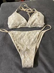 Costume da bagno reggicalze bikini motivo pizzo avorio - M - Foto 1 di 6