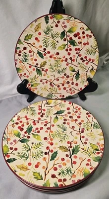 4 Longaberger Pottery Holly Berry Dinner Plates 10.5" Holiday Casual Colorful - Image 1 of 4