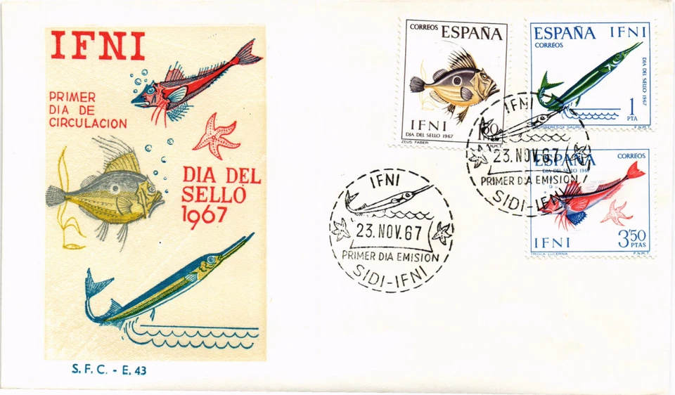 Spain 1967 FDC Ifni Edifil 230/32 Stamp Day Fish Dia del Sello Peces (3499) - Image 1 of 1