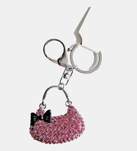 Jeweled Silver Tone Key Ring Purse Charm Pink Purse Handbag Black Bow New - Picture 1 of 1