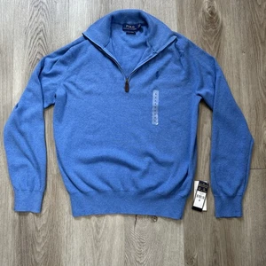 Polo Ralph Lauren maglione uomo blu medio cotone 1/4 zip piccolo pony preppy a costine - Foto 1 di 11