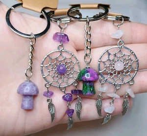 Set Of 4 Crystal Keyrings - Amethyst, Rose Quartz, Ruby Zoisite, Lepidolite - Picture 1 of 5