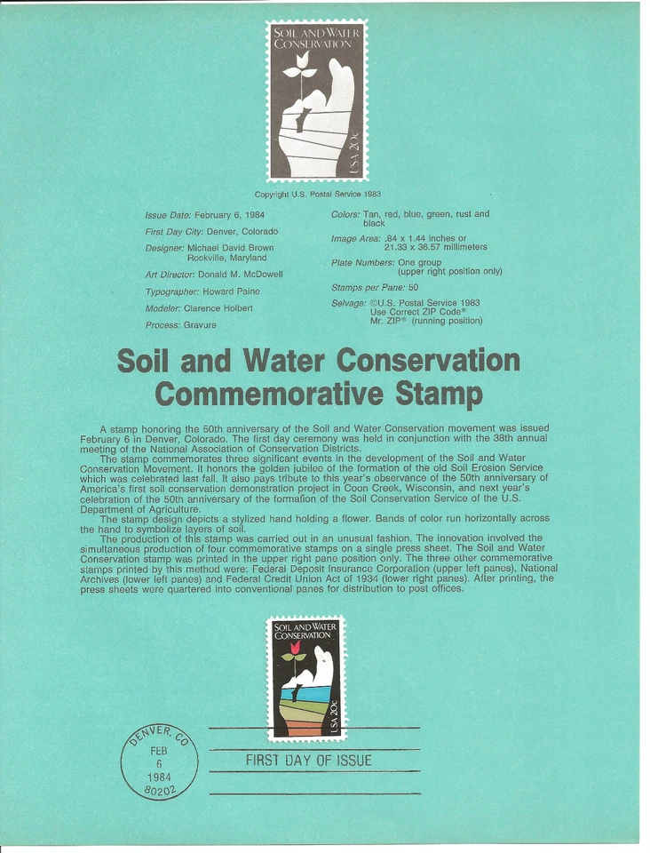20 cent SOIL & WATER CONSERVATION 1983 SOUVENIR PAGE SCOTT # 2074 SP638 SCIENCE - Image 1 of 1