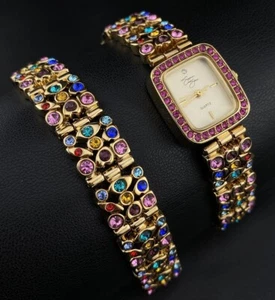 NOS Vintage Suzanne Sommers Bejeweled Gold Tone Bracelet & Watch Set Art Deco - Picture 1 of 12