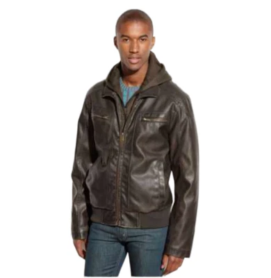 Chaqueta de bombardero con capucha de cuero vegano Sean John para hombre negra mediana cremallera completa cálida Foto 1 de 4