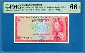 Malta 10 scellini, 1967 (ND 1968), A/1, gemma UNC-PMG66EPQ, P28a - Foto 1 di 2