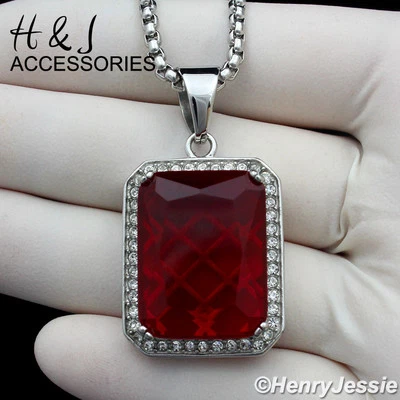 18-36"MEN Stainless Steel 3mm Silver Box Link Chain Simulated Ruby Pendant*P103 - Image 1 of 4