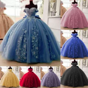 Princess Quinceanera Dress 3D Floral Applique Off Shoulder Sweet 15 16 With Bow - Picture 1 of 18