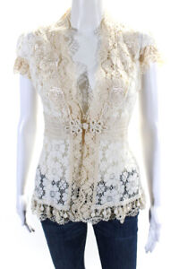 Nanette Lepore Womens Cotton Floral Lace Button Short Sleeve Blouse White Size 4