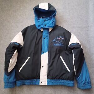 Vtg Carolina Panthers Pro Player Puffer Jacket L Black Blue Remove Hood NFL 90s