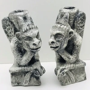 Gargoyle Studios Brooklyn NY Candle Holders Gray Gothic Chalk Ware - Picture 1 of 9