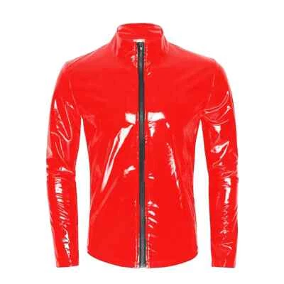 Men Moto Zipper Jacket Tops Glossy PVC Leather Jacket Outdoor Golf Coat Costumes - Image 1 of 4