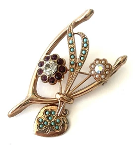 Coro Sterling Wishbone Brooch w Flowers & Dangle Heart Signed - Picture 1 of 5